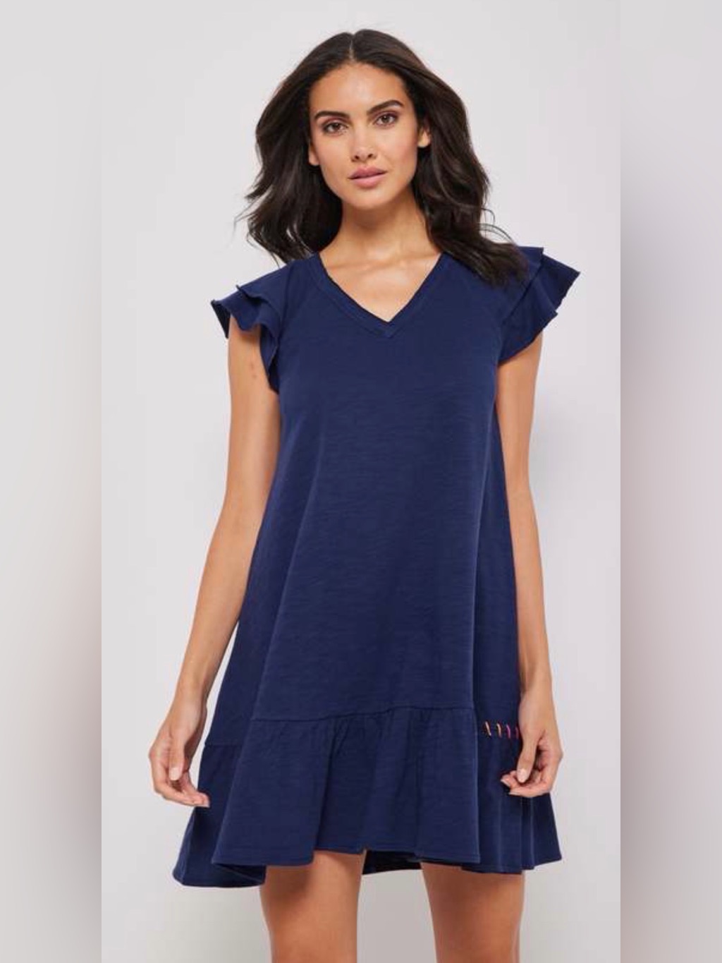 Lisa Todd Navy V-Neck Xs Free Frills Sleeve Dress With Rainbow Hem Stitch